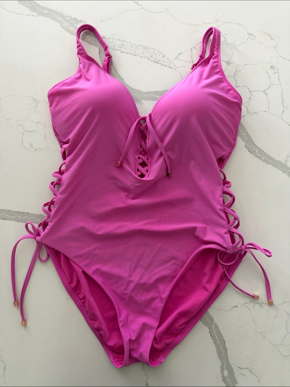Lace Up One Piece Swim Suit - Hot Pink